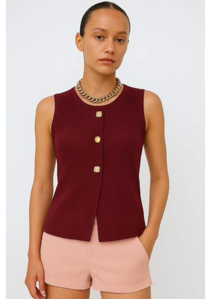 Bisiklet Yaka Düğme Detaylı Dokuma Bluz