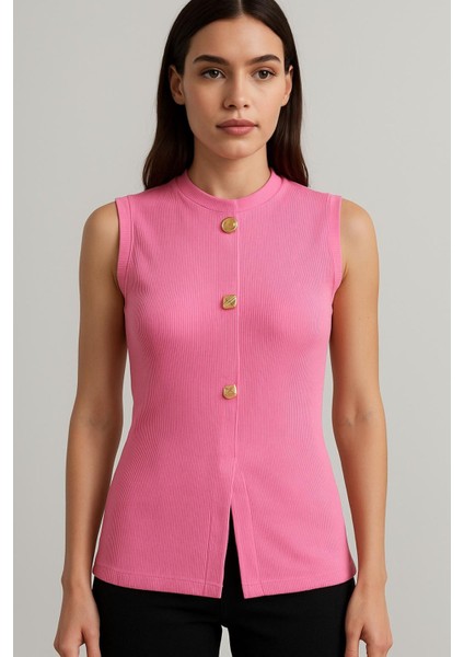 Bisiklet Yaka Düğme Detaylı Dokuma Bluz