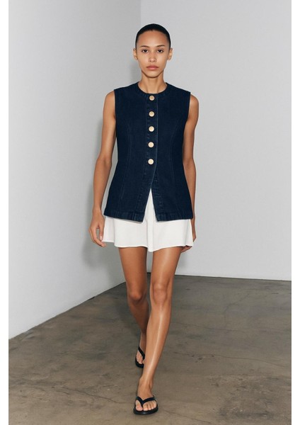 Gold Düğmeli Dikiş Detaylı Denim Yelek fiyatları