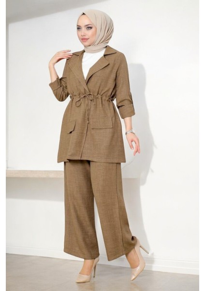 Cepli Kuşak Detaylı Kadın Ikili Keten Takım Günlük Kullanım İçin Düz Desenli