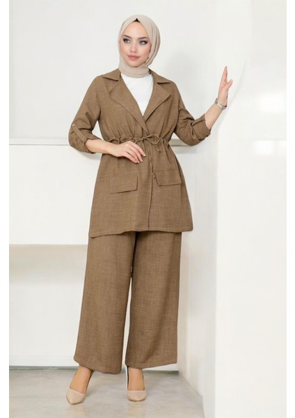 Cepli Kuşak Detaylı Kadın Ikili Keten Takım Günlük Kullanım İçin Düz Desenli fiyatları