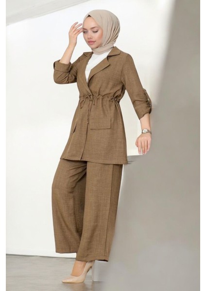 Cepli Kuşak Detaylı Kadın Ikili Keten Takım Günlük Kullanım İçin Düz Desenli modelleri