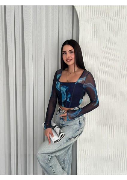 Kare Yaka Desenli Transparan Uzun Kollu Bluz fiyatları
