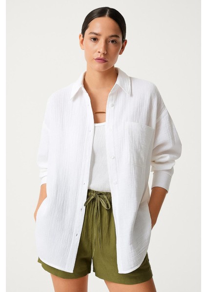 Oversize Basic Düğmeli Müslin Gömlek