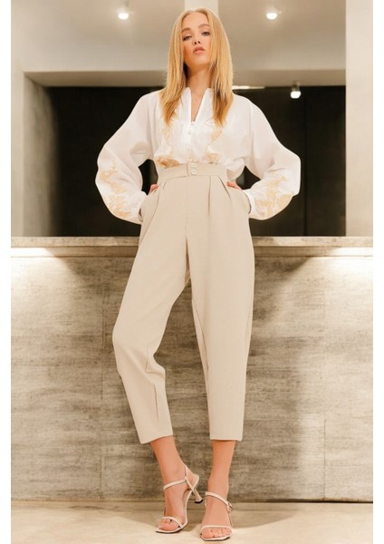 Yüksek Bel Pileli Havuç Kesim Pantolon fiyatları