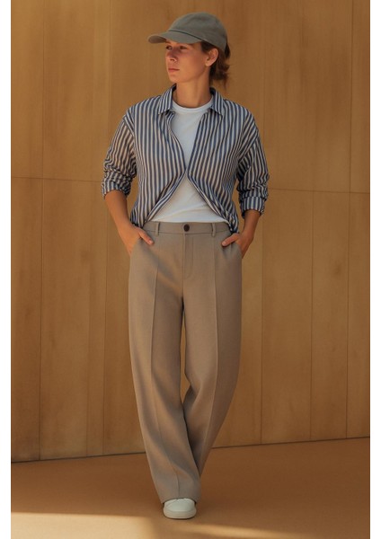 Yüksek Bel Dikiş Detaylı Kadın Kumaş Pantolon Geniş Paça Cepli Siyah Renk