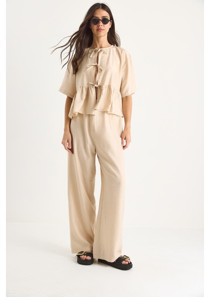 Kadın Bağlama Detaylı Kısa Kollu Bluz Pantolon Alt-Üst Takım fiyatları