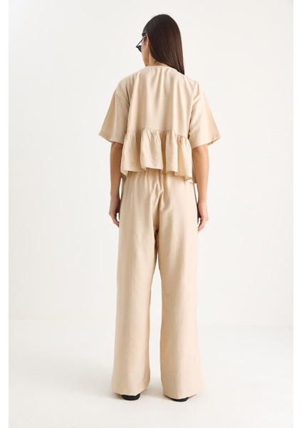 Kadın Bağlama Detaylı Kısa Kollu Bluz Pantolon Alt-Üst Takım