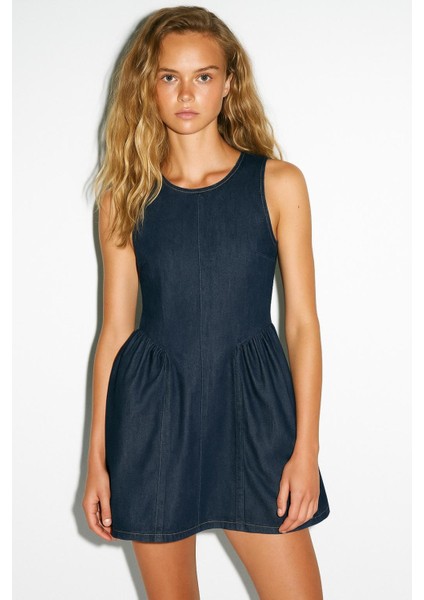 Flare Fermuar Detaylı Denim Mini Elbise