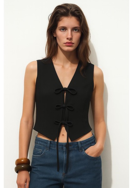 Bağlamalı Keten Görünümlü Bluz Yelek