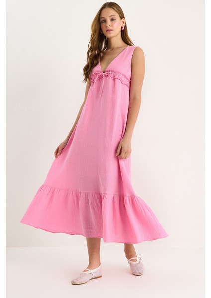 Kadın V Yaka Bağlama Detaylı Astarlı Müslin Elbise