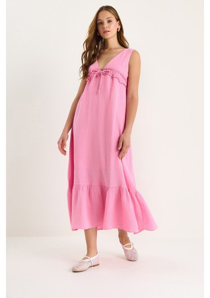 Kadın V Yaka Bağlama Detaylı Astarlı Müslin Elbise indirimleri