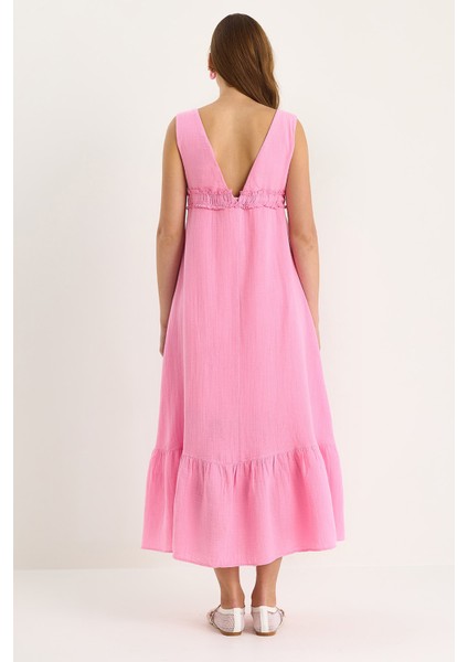 Kadın V Yaka Bağlama Detaylı Astarlı Müslin Elbise