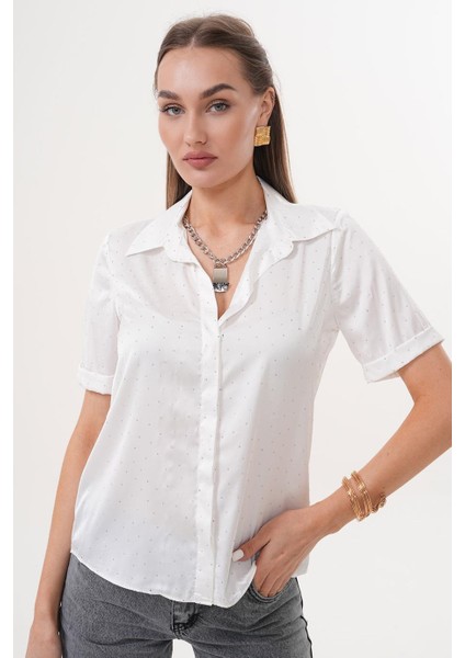 Kısa Duble Kol Taşlı Saten Beyaz Gömlek ESY9930 fiyatları