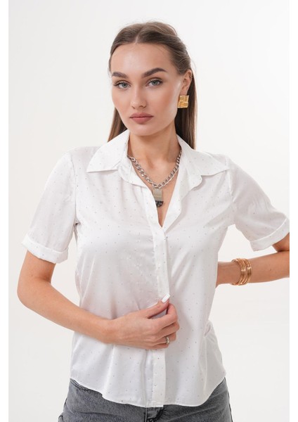 Kısa Duble Kol Taşlı Saten Beyaz Gömlek ESY9930 modelleri
