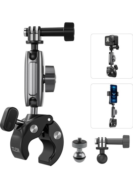Telesın Motosiklet Gidonu Bisiklet Montaj Kelepçeleri Için Gopro Hero 13 12 11 10 9 Djı Osmo Action 5 Pro 4 3 INSTA360,360° Çift Top Başlı Kelepçe Tutucu 1/4-20 mm Kamera ve Telefon Için Adaptör