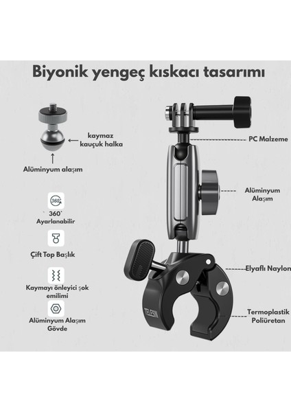 Telesın Motosiklet Gidonu Bisiklet Montaj Kelepçeleri Için Gopro Hero 13 12 11 10 9 Djı Osmo Action 5 Pro 4 3 INSTA360,360° Çift Top Başlı Kelepçe Tutucu 1/4-20 mm Kamera ve Telefon Için Adaptör