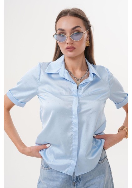 Kısa Duble Kol Taşlı Saten Buz Mavi Gömlek ESY9930 modelleri