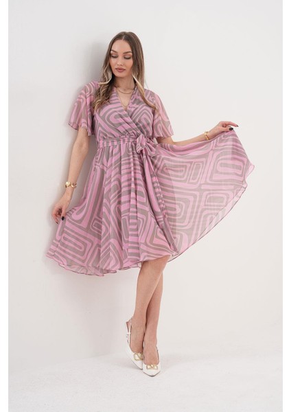 Kruvaze Volan Kol Desenli Pembe Midi Elbise - MCK5414-2