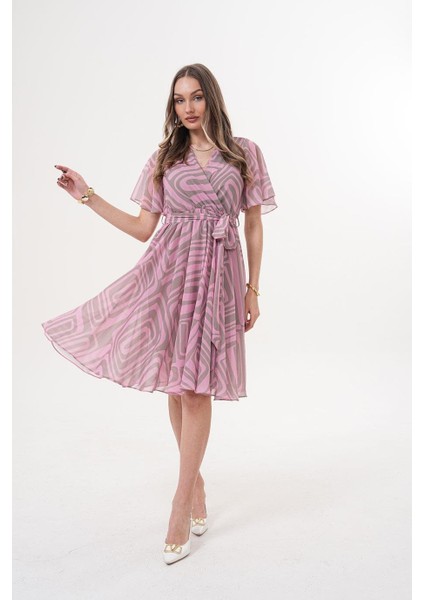 Kruvaze Volan Kol Desenli Pembe Midi Elbise - MCK5414-2 fiyatları