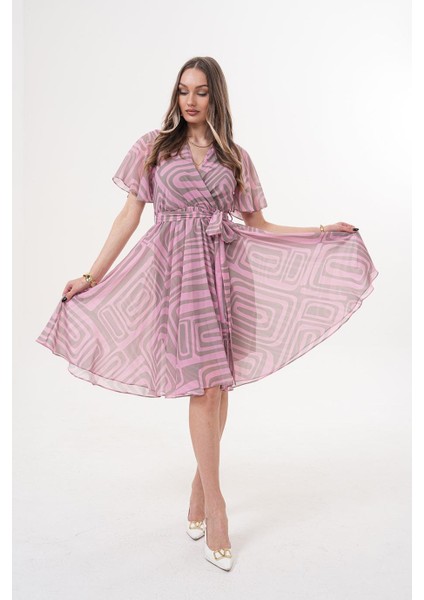 Kruvaze Volan Kol Desenli Pembe Midi Elbise - MCK5414-2 modelleri