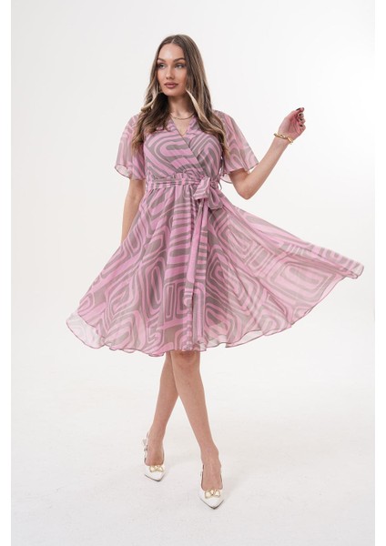 Kruvaze Volan Kol Desenli Pembe Midi Elbise - MCK5414-2 fırsatları