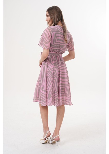 Kruvaze Volan Kol Desenli Pembe Midi Elbise - MCK5414-2 indirimleri