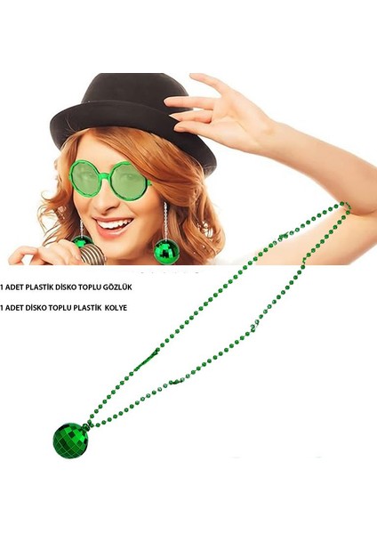 Yeşil Renk 80S 90S Retro Plastik Disko Toplu Gözlük ve Plastik Disko Kolye Set Hawai