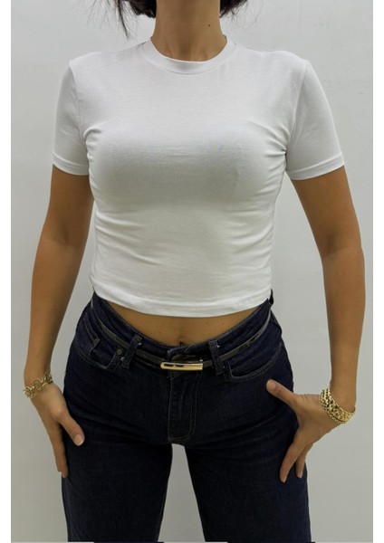 Likralı Beyaz Crop Tshirt - MGN4783