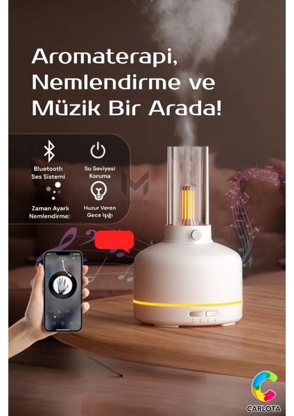 Sessiz Nemlendirici & Bluetooth Hoparlörlü Gece Lambası Aromaterapi Huzurlu Uyku ve Evde Wellness Beyaz
