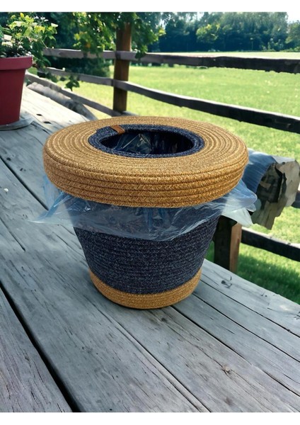 Lacivert Hasır Jüt Kapaklı Modern Çöp Kovası, Şık ve Kullanışlı Tasarım