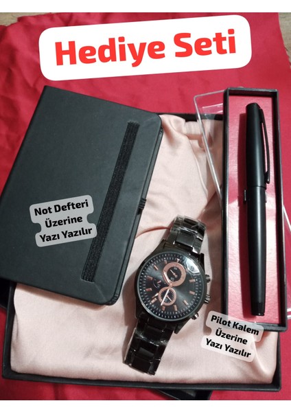 Özel Kutulu Hediyelik Erkek Kombin Saat Seti Pilot Kalem Not Defteri - 6043
