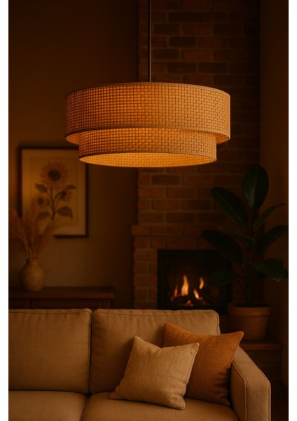 Kahverengi 2 Katlı Doğal Rattan Hasır Avize, Modern ve Şık Tasarım.