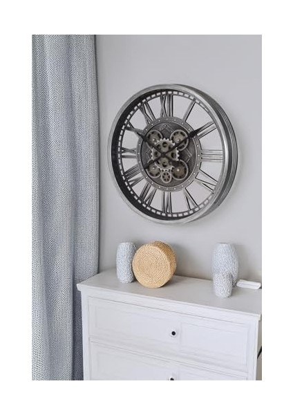 Mark Premium Serisi Antik Eskitme Şeffaf Kadranlı Döner Çarklı 50 Santimetre Ev ve Ofis Duvar Saati, Roma Rakamlı, Gri modelleri