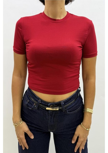Likralı Bordo Crop Tshirt - MGN4783