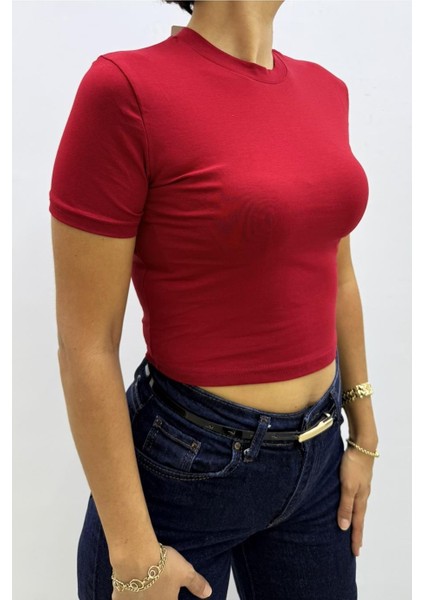 Likralı Bordo Crop Tshirt - MGN4783 fiyatları