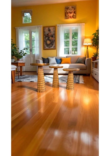 Ahşap Mantar Model Zigon Sehpa 3’lü – Tik Renk Masif Doğal Sehpa Seti