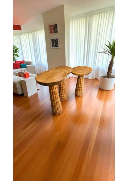 Ahşap Mantar Model Zigon Sehpa 3’lü – Tik Renk Masif Doğal Sehpa Seti fiyatları