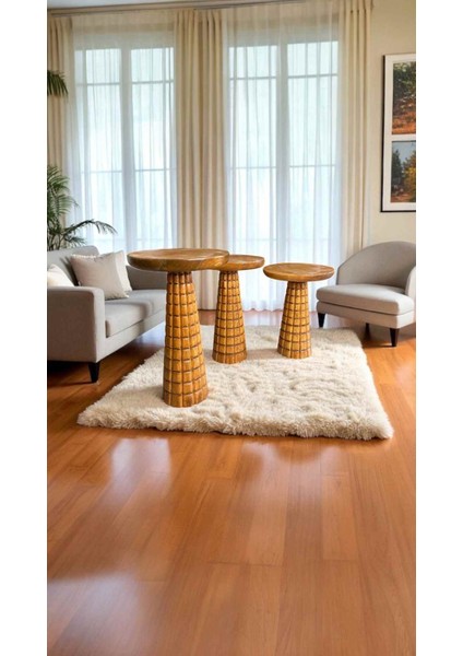 Ahşap Mantar Model Zigon Sehpa 3’lü – Tik Renk Masif Doğal Sehpa Seti modelleri