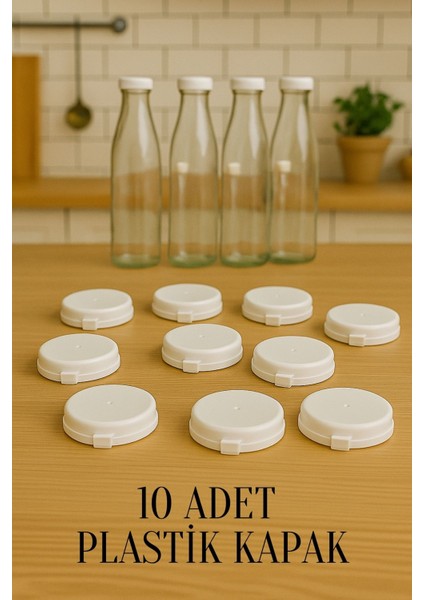 10 Adet Cam Süt, Ayran, Meşrubat Şişelerine Uygun Kapak 45 mm Plastik Sızdırmaz Geçmeli Kapak