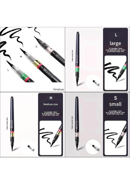 Brush Pen, Hazneli Fırça Uçlu Kalem, Çini, Seramik, Tahrir Fırçası, Çizim Fırça, 3 Adet-S-M-L