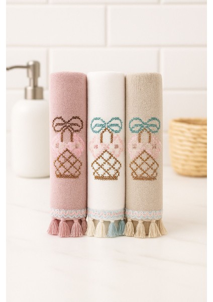 Renkli 3'lü Püsküllü Sepet Desenli Mutfak Havlusu Seti 30X50 Cm, %100 Pamuk