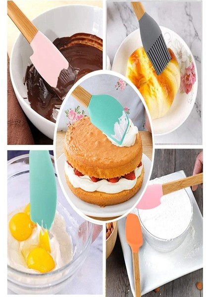 Renkli Silikon Bambu Spatula Seti, 5 Parça, Isıya Dayanıklı ve Yapışmaz