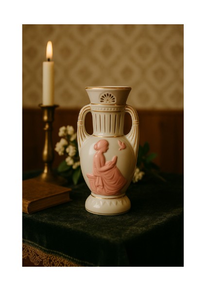 Vıntage Parlak Beyaz & Pembe Yunan Kadını Figürlü Çift Saplı Vazo