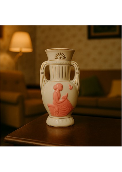 Vıntage Parlak Beyaz & Pembe Yunan Kadını Figürlü Çift Saplı Vazo