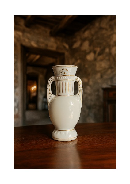 Vıntage Parlak Beyaz & Pembe Yunan Kadını Figürlü Çift Saplı Vazo