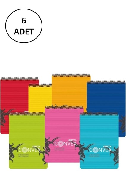 A5 Bloknot Convex Spiralli Plastik Kapak Kareli 100 Yaprak 6 Adet