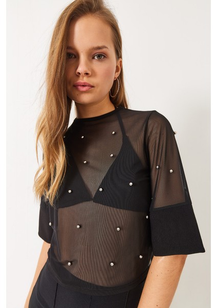 Kadın Taş Baskılı Kısa Kollu Bisiklet Yaka Transparan Bluz fiyatları