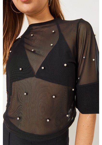 Kadın Taş Baskılı Kısa Kollu Bisiklet Yaka Transparan Bluz modelleri