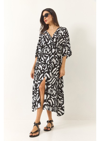 Kadın Anvelop Yaka Beli Lastikli Desenli Yazlık Viskon Elbise fiyatları